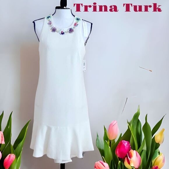 TRINA TURK NWT WHITE STONE EMBELLISHED NECKLINE SLEEVELESS DRESS RUFFLE BOTTOM - Picture 1 of 11